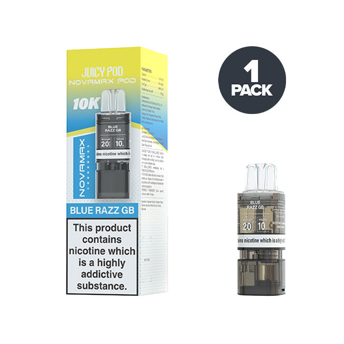 Blue Razz GB Juicy Pod Novamax 10K Prefilled Pod and Box
