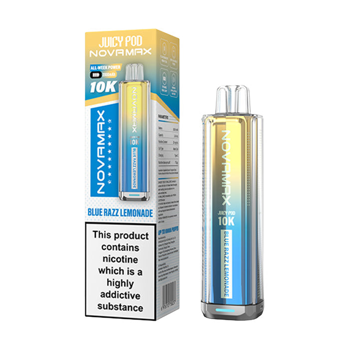 Blue Razz Lemonade Juicy Pod Novamax 10K Prefilled Pod Kit and Box