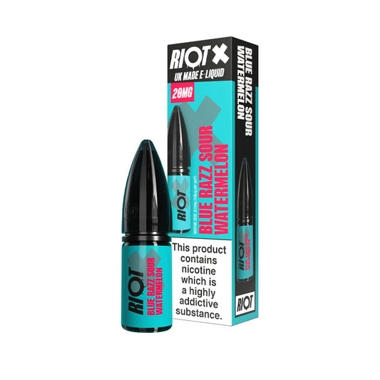 Blue Razz Sour Watermelon Riot X 10ml Nic Salt E-Liquid Bottle and Box
