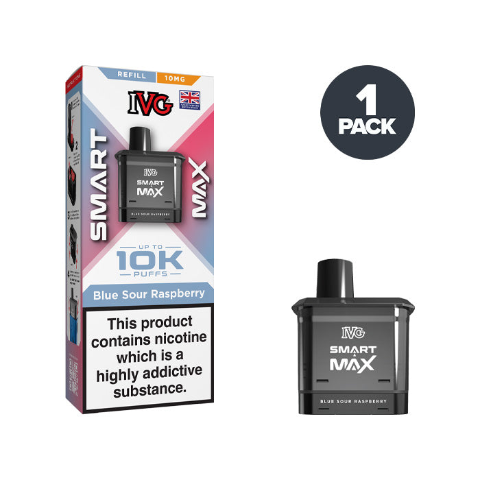 Blue Sour Raspberry 10mg IVG Smart Max Refill Pack and Box