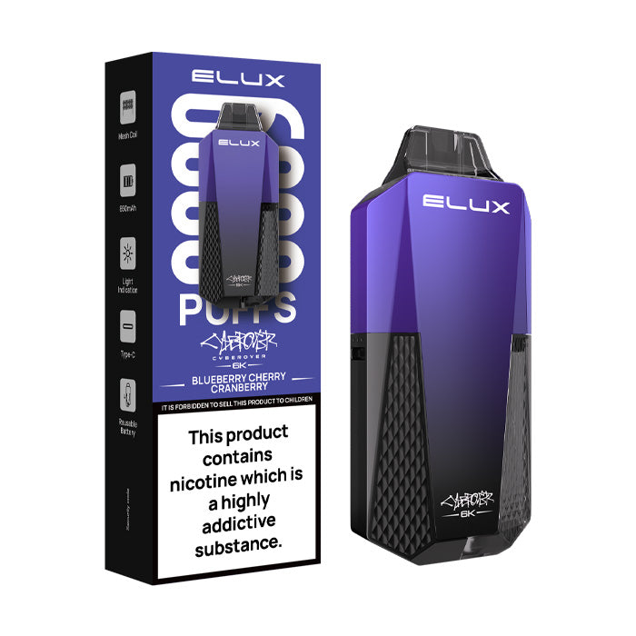 Blueberry Cherry Cranberry Elux Cyberover 6K Prefilled Pod Kit and Box