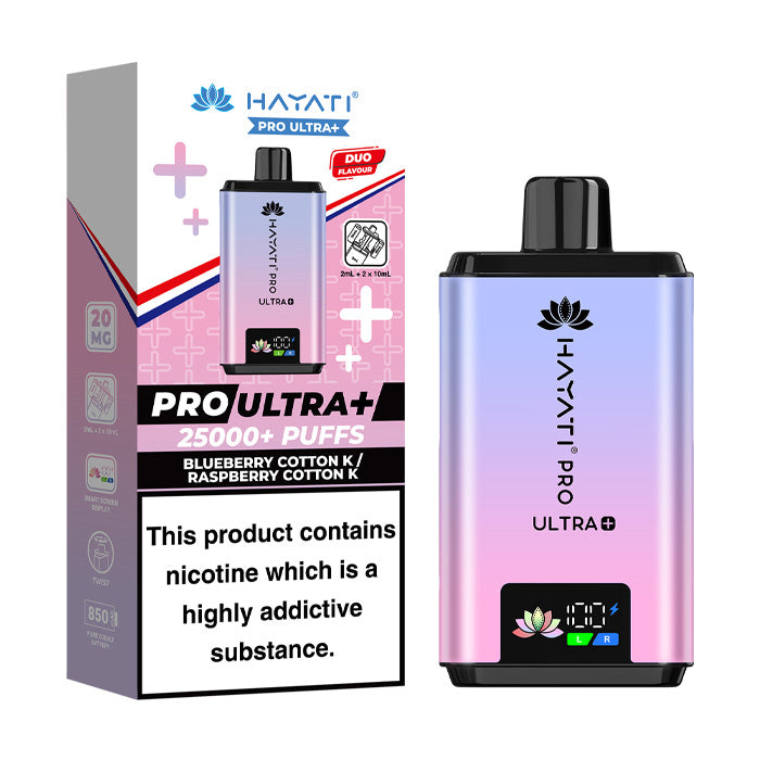 Blueberry Cotton K / Raspberry Cotton K Hayati Pro Ultra Plus Prefilled Vape Kit and Box