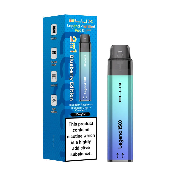 Blueberry Edition Elux Legend 1500 2 in 1 Prefilled Pod Vape Kit and Box