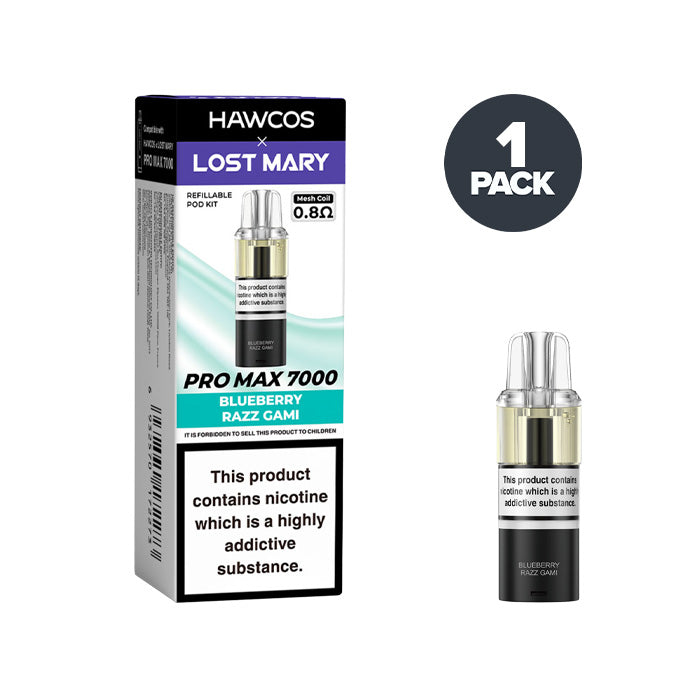 Blueberry Razz Gami Hawcos X Lost Mary 7000 Pro Max Prefilled Pod and Box