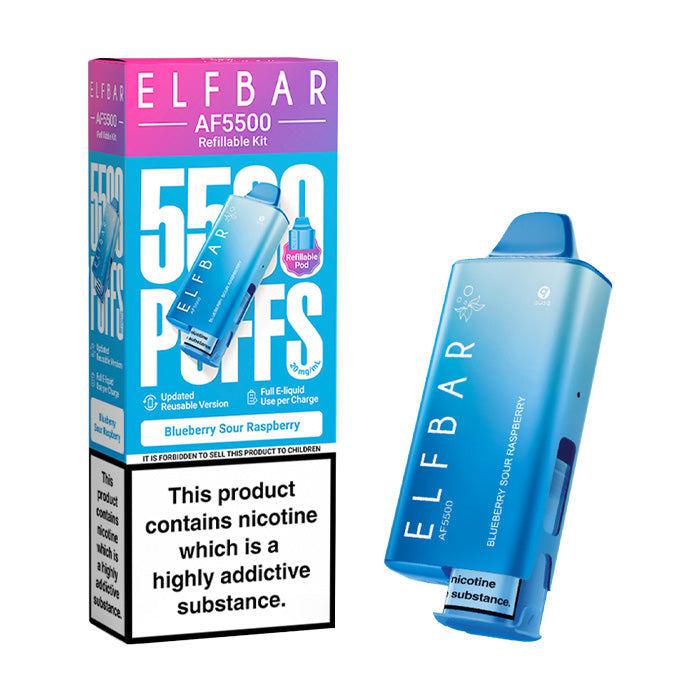 Blueberry Sour Raspberry Elf Bar AF5500 Prefilled Pod Kit and Box