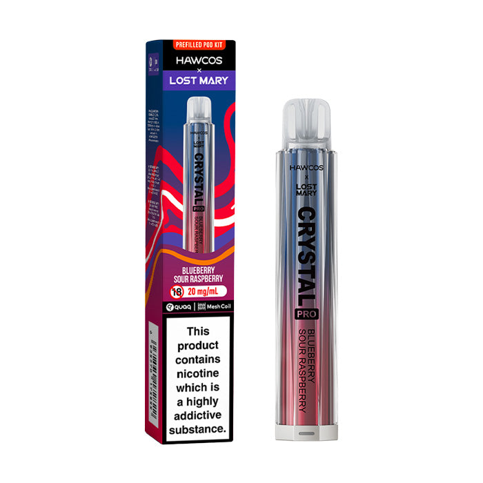 Blueberry Sour Raspberry Hawcos x Lost Mary Crystal Pro Vape Kit and Box