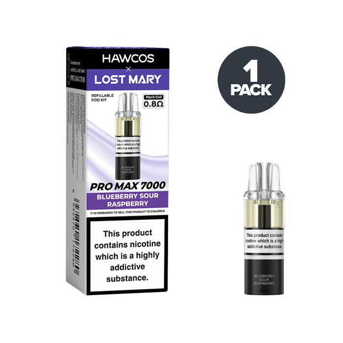 Blueberry Sour Raspberry Hawcos X Lost Mary 7000 Pro Max Prefilled Pod and Box
