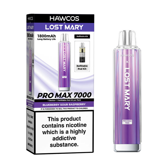 Blueberry Sour Raspberry Hawcos X Lost Mary 7000 Pro Max Prefilled Pod Kit and Box