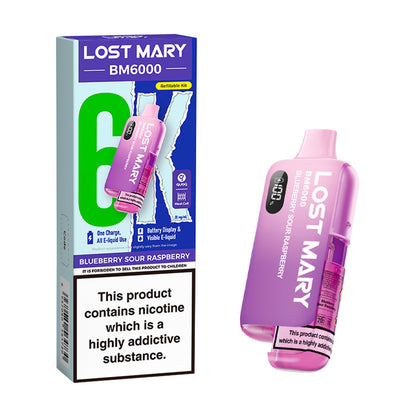 Blueberry Sour Raspberry Lost Mary BM6000 Prefilled Pod Kit and Box