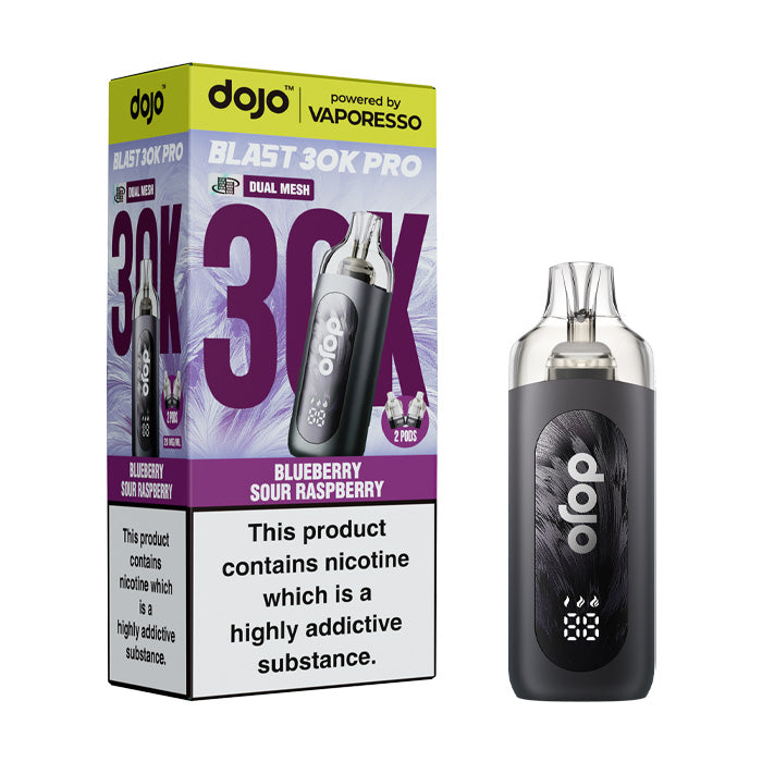Blueberry Sour Raspberry Vaporesso Dojo Blast 30K Pro Pod Kit and Box