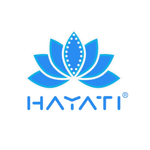 Blue Hayati flower logo on a light background