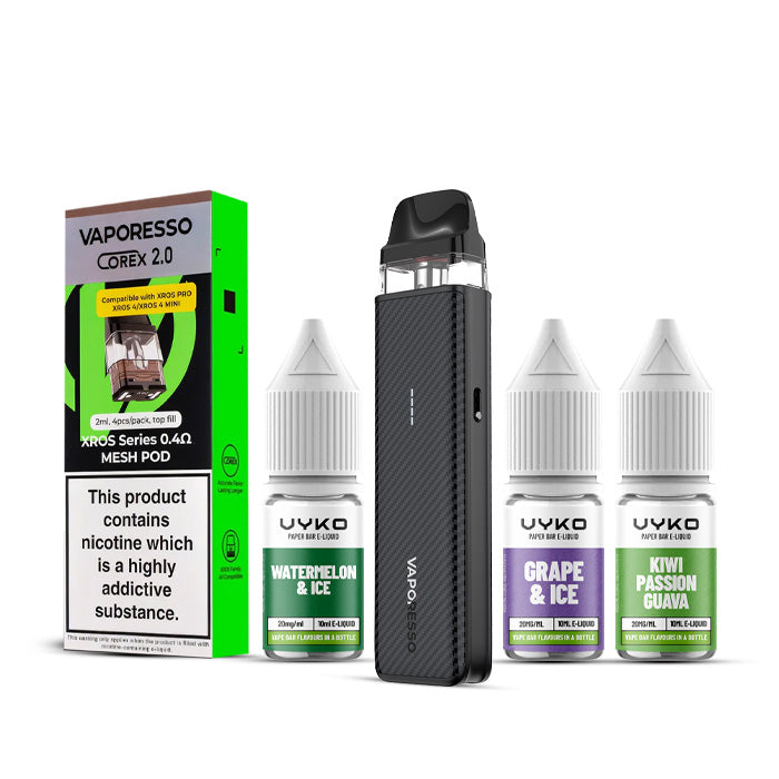 Carbon Black Vaporesso Xros 5 Mini Kit with a Pack of Pods and Three 10ml Bottles of Nic Salt E-Liquid
