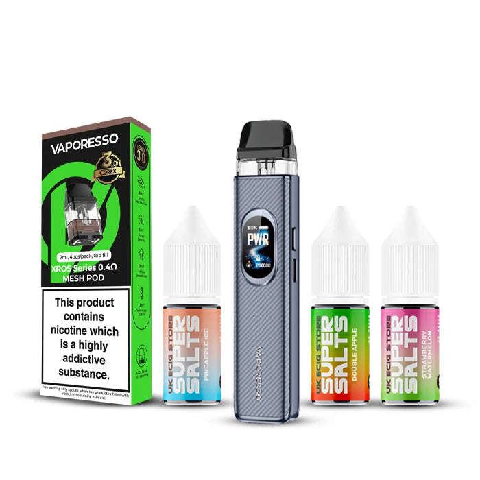 Carbon Fiber Gray Vaporesso Xros 6 Kit with three super salts and a pack of pods