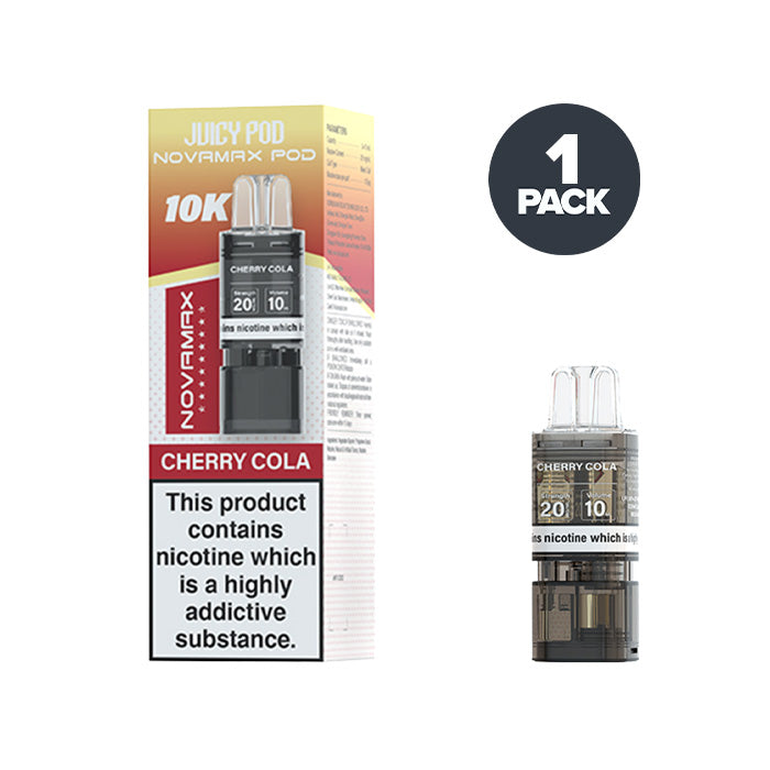 Cherry Cola Juicy Pod Novamax 10K Prefilled Pod and Box
