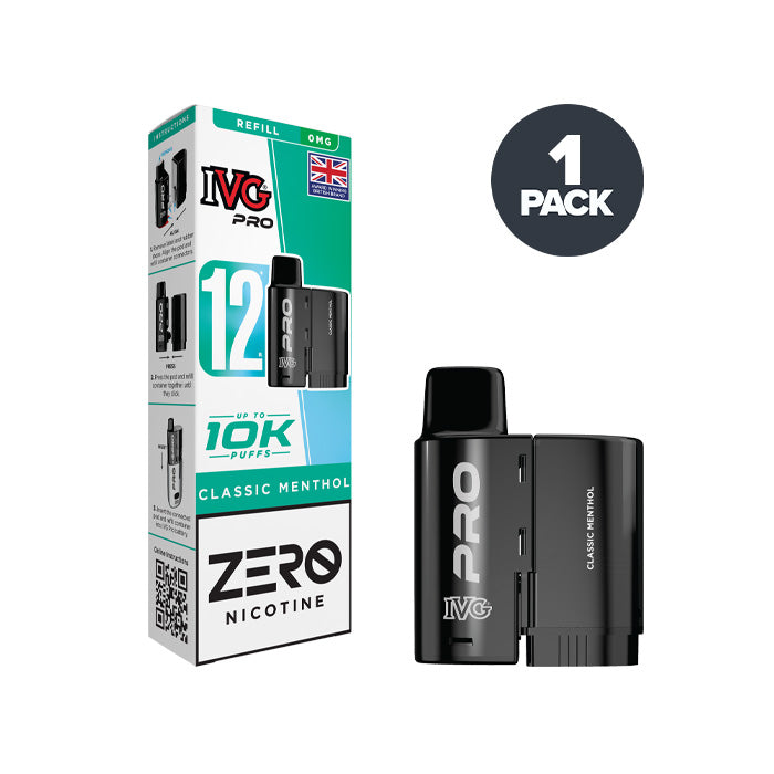 0mg Classic Menthol IVG Pro 12 Refill Pack and Box