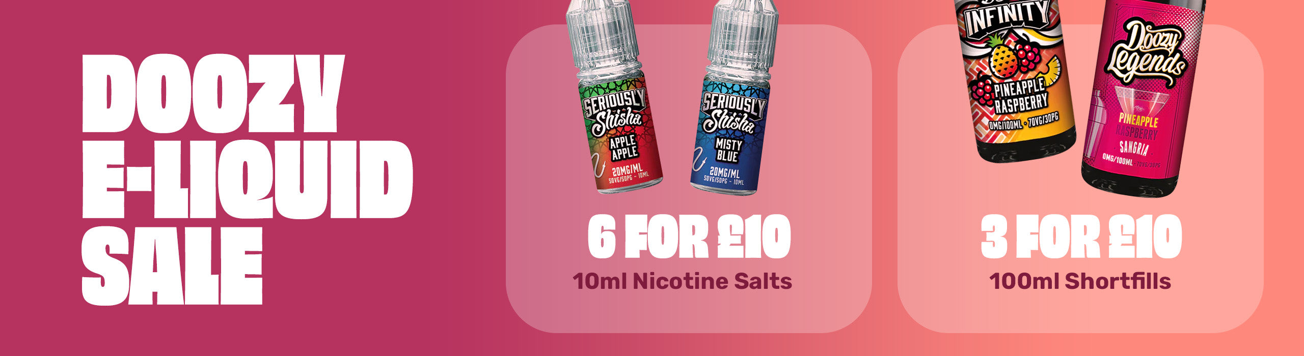 Promotional banner for Doozy E-Liquid with product images and sale text on a pink background