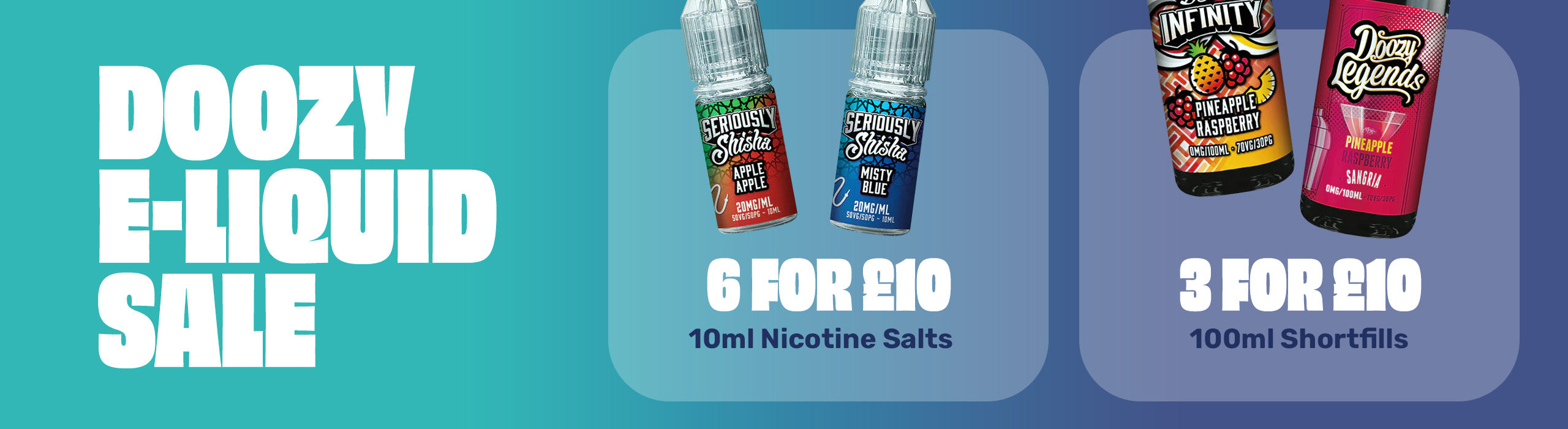 Advertisement for Doozy e-liquid sale with various e-liquid bottles on a blue background.