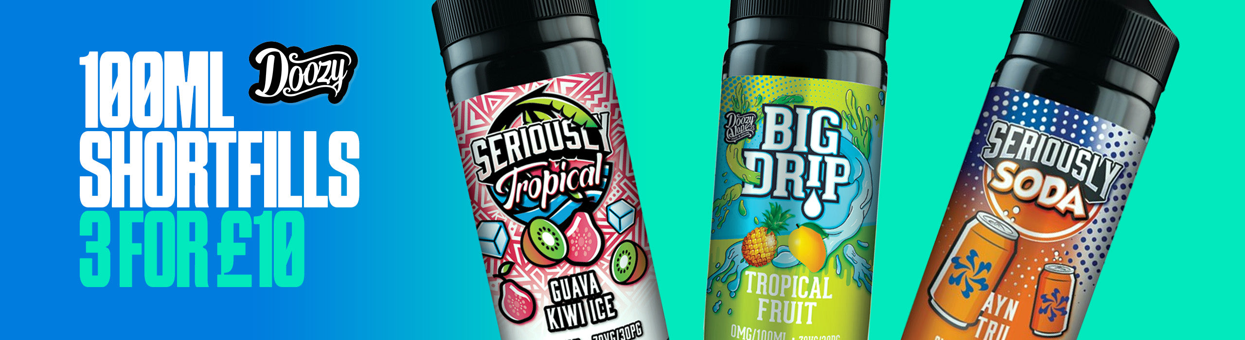 Promotional image of Doozy 100ml shortfills with product packaging and text on a blue background.