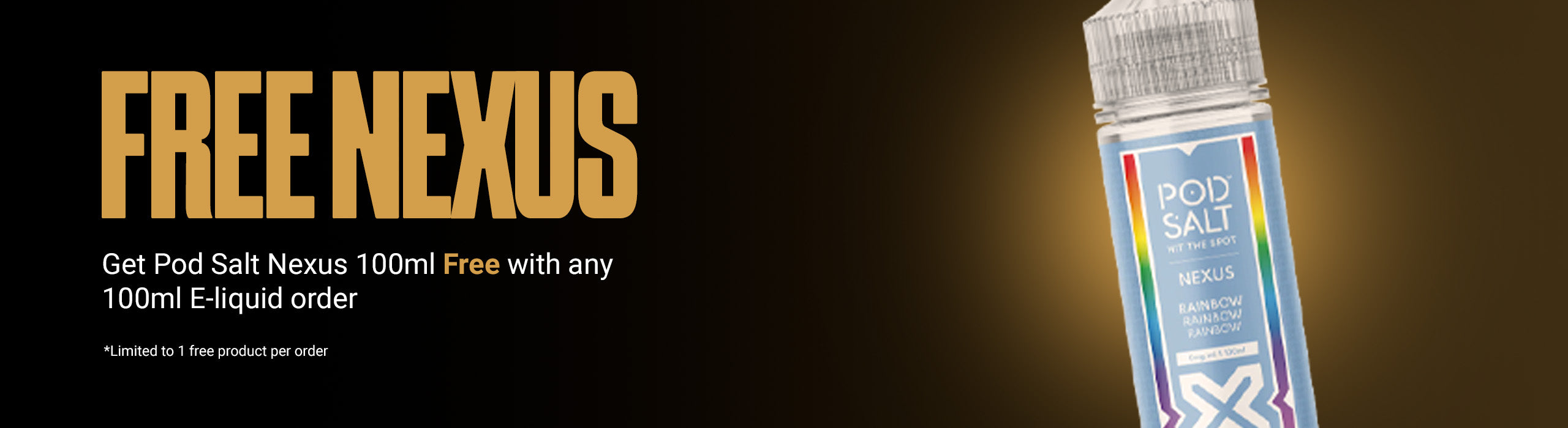 Pod Salt Nexus 100ml e-liquid bottle with promotional text on a dark background