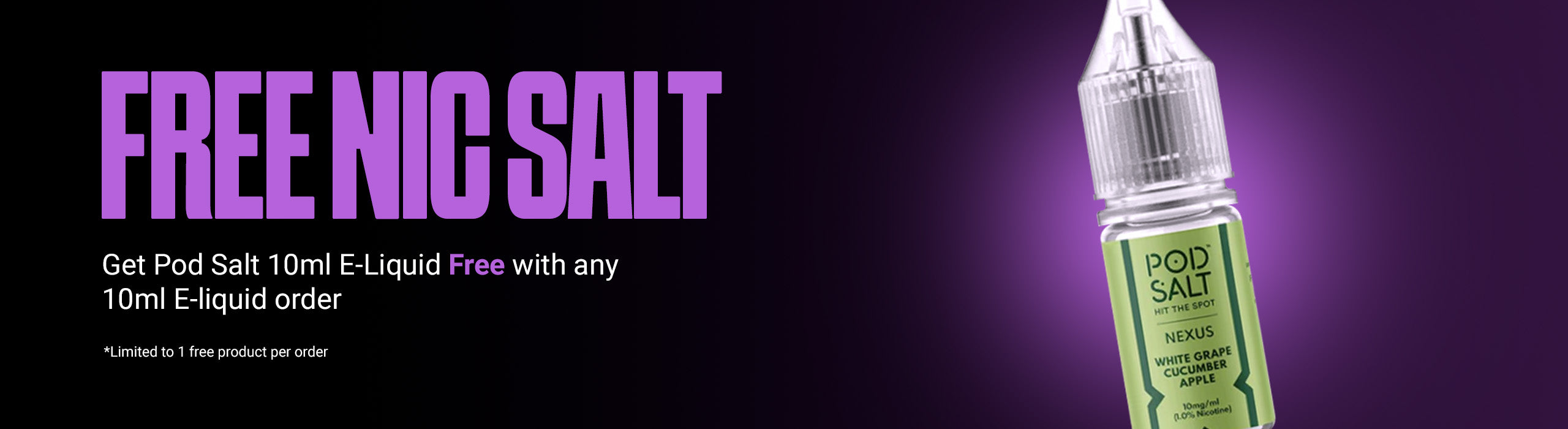 Pod Salt e-liquid bottle with promotional text on a purple background