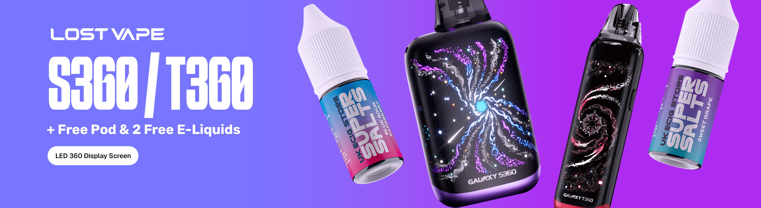 Lost Vape S360/T360 vape devices with colorful packaging on a purple background