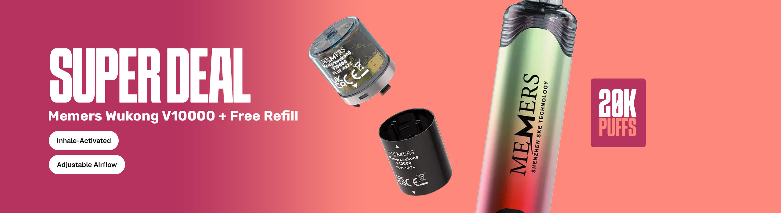 Promotional graphic for a vape device with 'Super Deal' text and product images on a pink background.