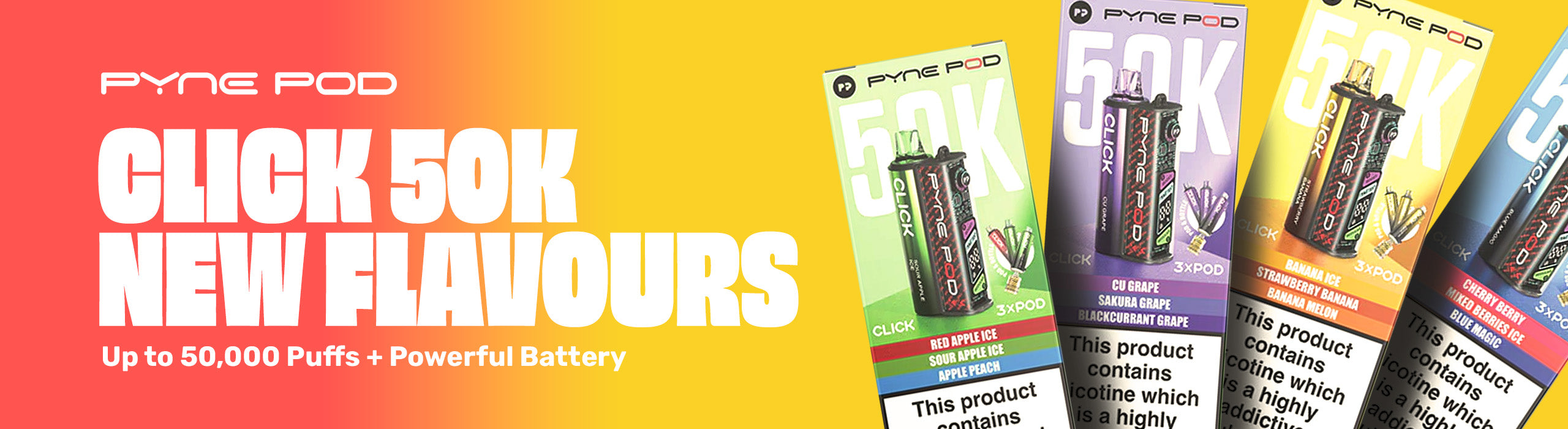 Promotional banner for pyne Pod with product packaging and text on a yellow background