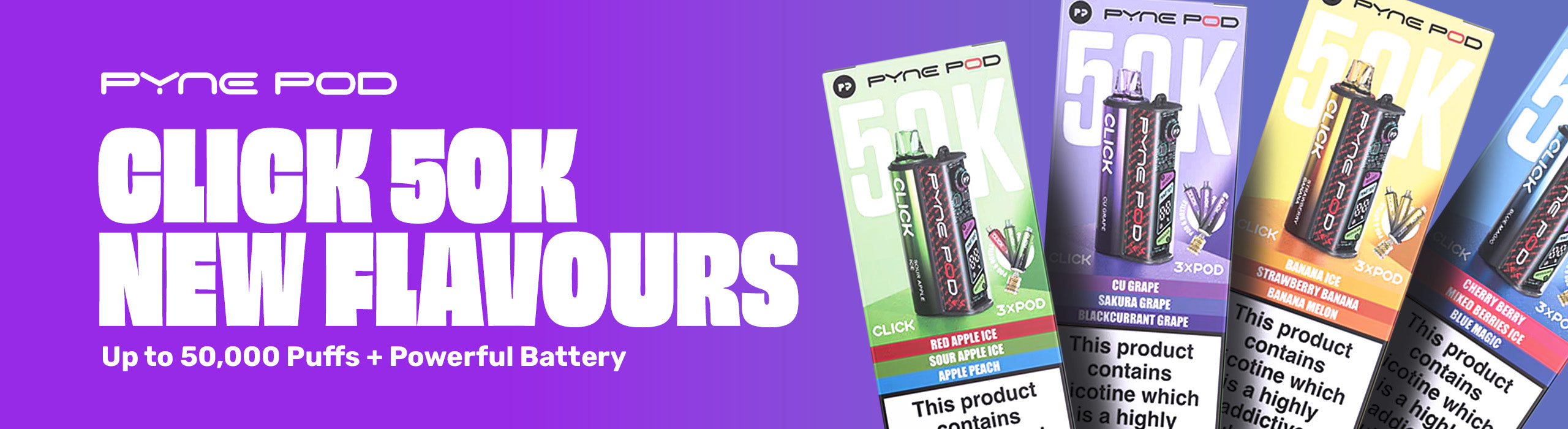 Promotional banner for Pyne Pod with product packaging and text on a purple background
