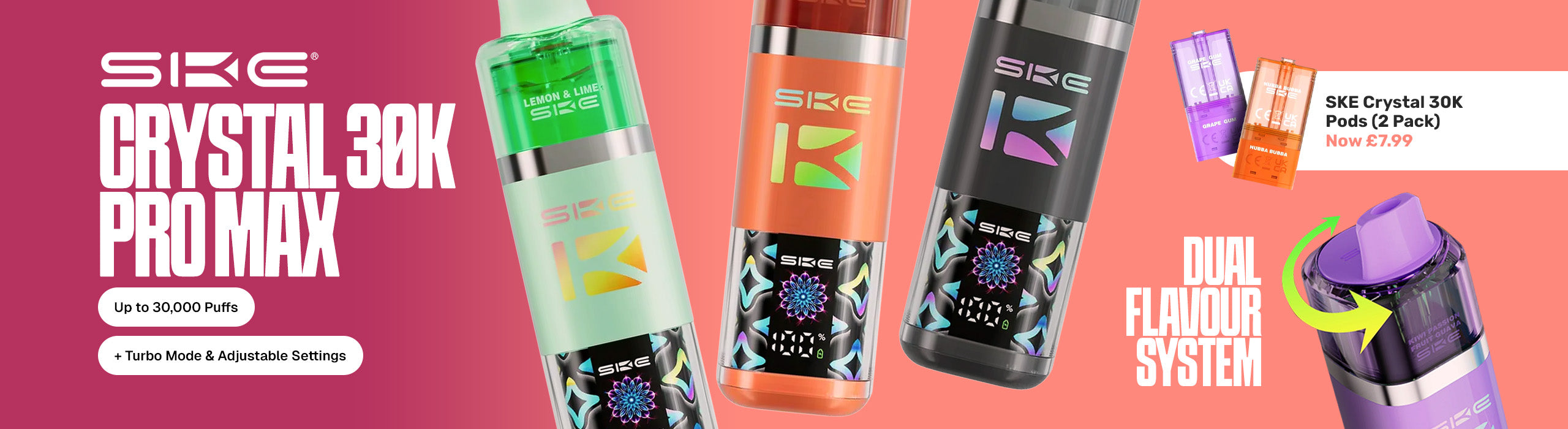 Four SKE Crystal 30K vape devices on a pink background with promotional text.