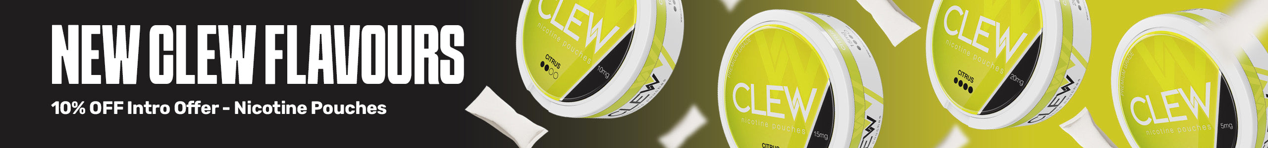 CLEW nicotine pouches with promotional text on a dark background