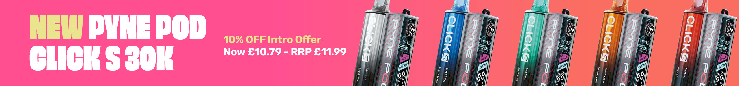 Row of PYNE Pod devices with promotional text on a pink background