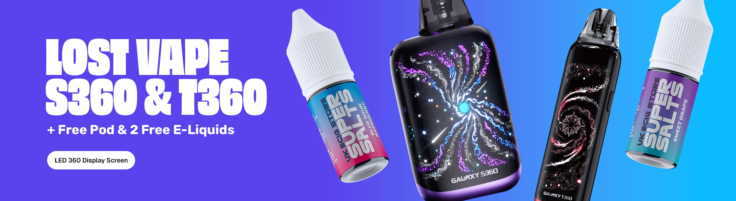 Lost Vape S360 and T360 vape devices with free pods and e-liquids on a blue background