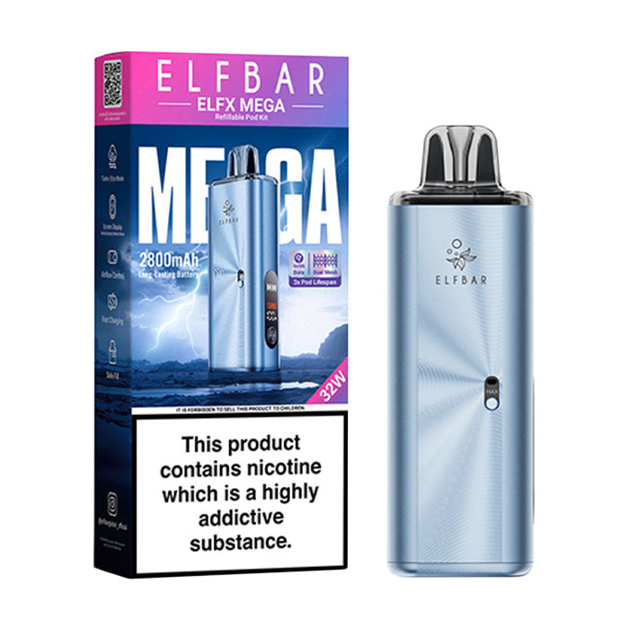 Cyan Elf Bar Elfx Mega Pod Kit and Box