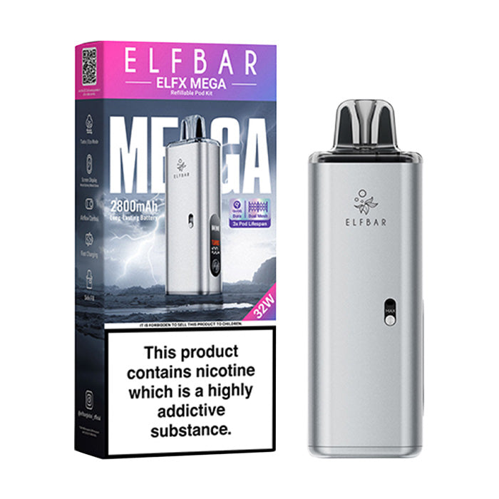 Silver Elf Bar Elfx Mega Pod Kit and Box