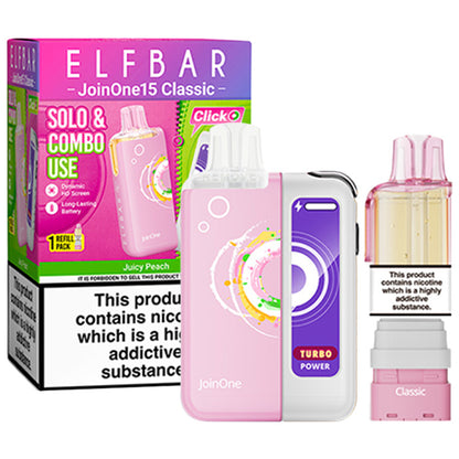 Juicy Peach Elf Bar JoinOne 15 Prefilled Pod Kit and Box