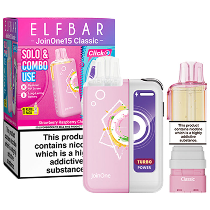 Strawberry Raspberry Cherry Ice Elf Bar JoinOne 15 Prefilled Pod Kit and Box