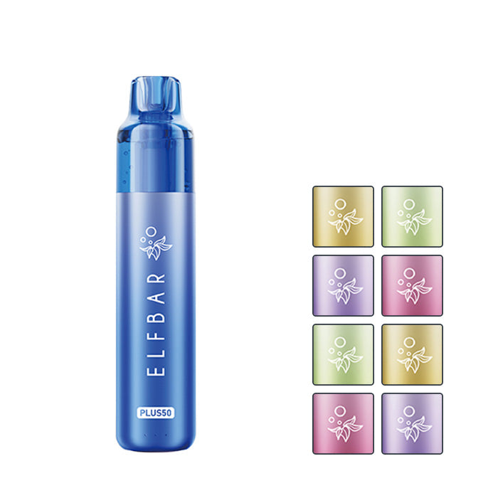 Elf Bar Plus 50 Prefilled Pod Kit with eight squares showcasing eight out of fifteen available colours