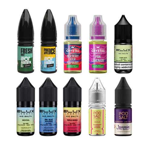 Ten of the most popular Nic Salts on a white background