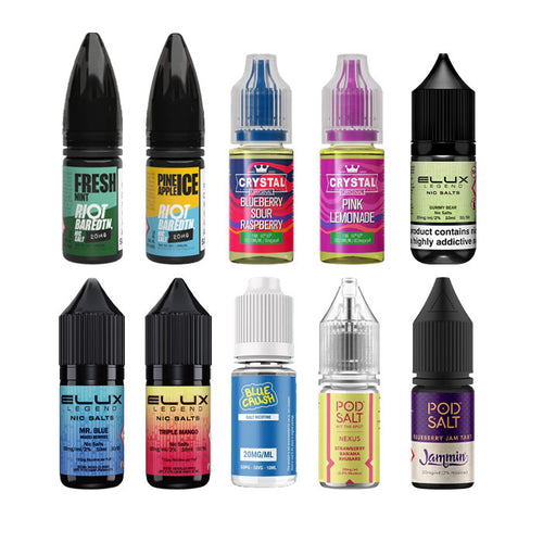 Ten 10ml Nic Salt E-Liquids on a white background