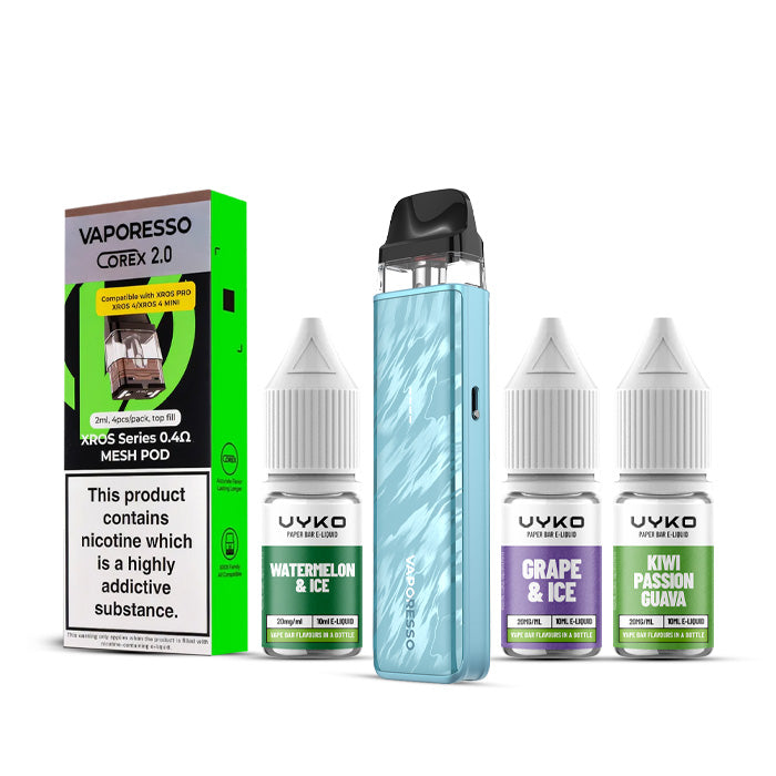 Flowing Blue Vaporesso Xros 5 Mini Kit with a Pack of Pods and Three 10ml Bottles of Nic Salt E-Liquid