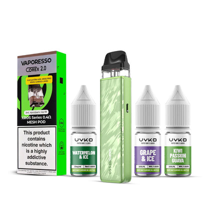 Flowing Green Vaporesso Xros 5 Mini Kit with a Pack of Pods and Three 10ml Bottles of Nic Salt E-Liquid