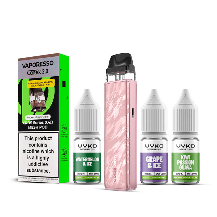Flowing Pink Vaporesso Xros 5 Mini Kit with a Pack of Pods and Three 10ml Bottles of Nic Salt E-Liquid