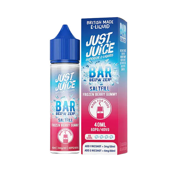 A 40ml bottle of Just Juice Bar Below Zero Frozen Berry Gummy E-Liquid with the box