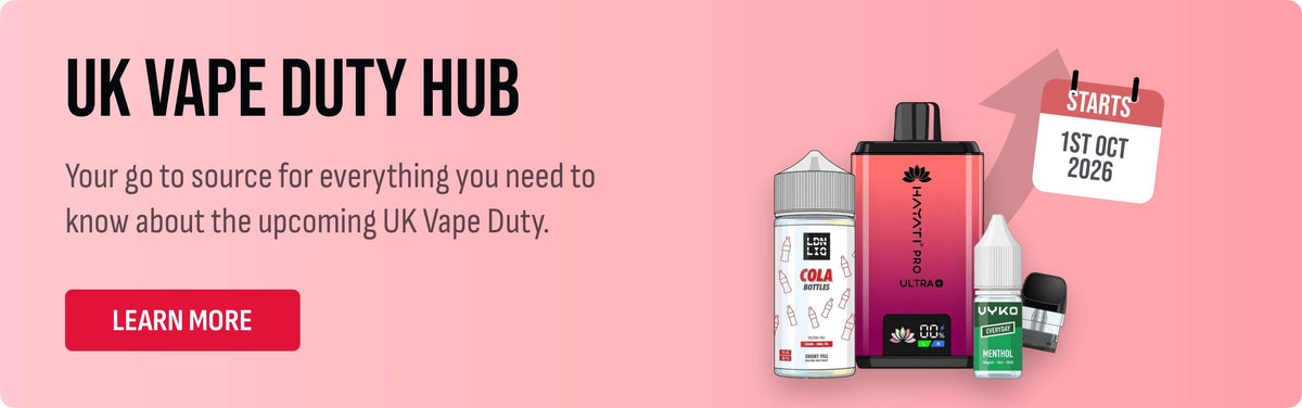 Promotional banner for UK Vape Duty Hub on a pink background, featuring vape products including a red-to-purple gradient bottle, a white can, a small green bottle, and a black container, with text about UK Vape Duty and a 'Leans More' button.
