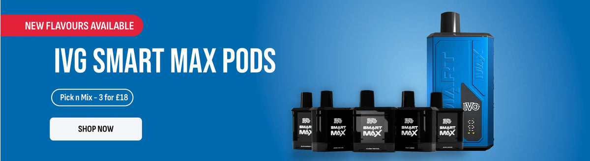IVG Smart Max Pods vape pod kit on a blue promotional background, featuring a blue and black IVG pod, several small black pods, and text reading 'NEW FLAVOURS AVAILABLE', 'IVG SMART MAX PODS', and 'SHOP NOW'.