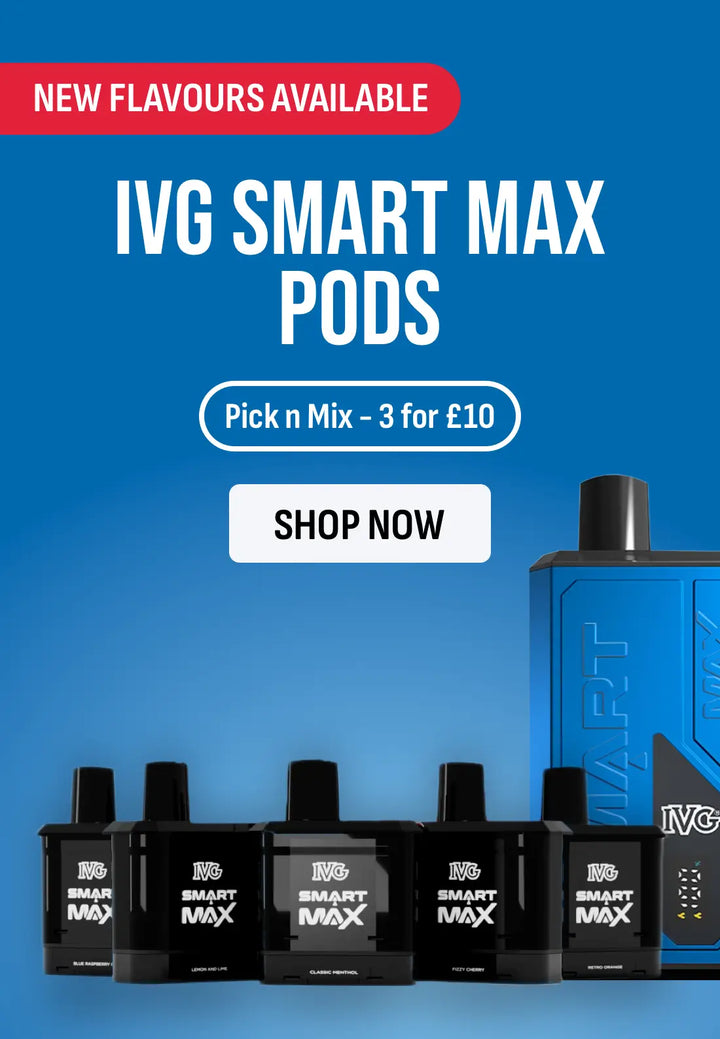 Promotional graphic for IVG Smart Max Pods showing several black vape pods and one blue pod on a blue gradient background, with text reading 'NEW FLAVOURS AVAILABLE', 'IVG SMART MAX PODS', 'Pick n Mix - 3 for £10', and 'SHOP NOW'.
