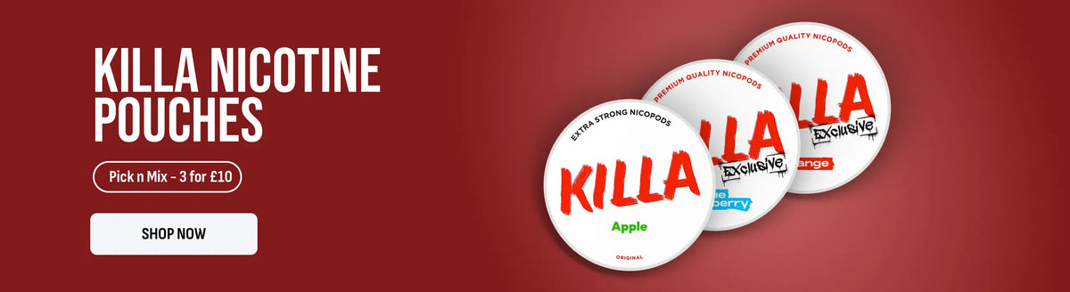 Promotional banner for Killa Nicotine Pouches on a dark red background, showing three round white pouches with red and green branding and text for Apple flavor, alongside a 'Pick n' Mix - 3 for £10' and 'SHOP NOW' callout.