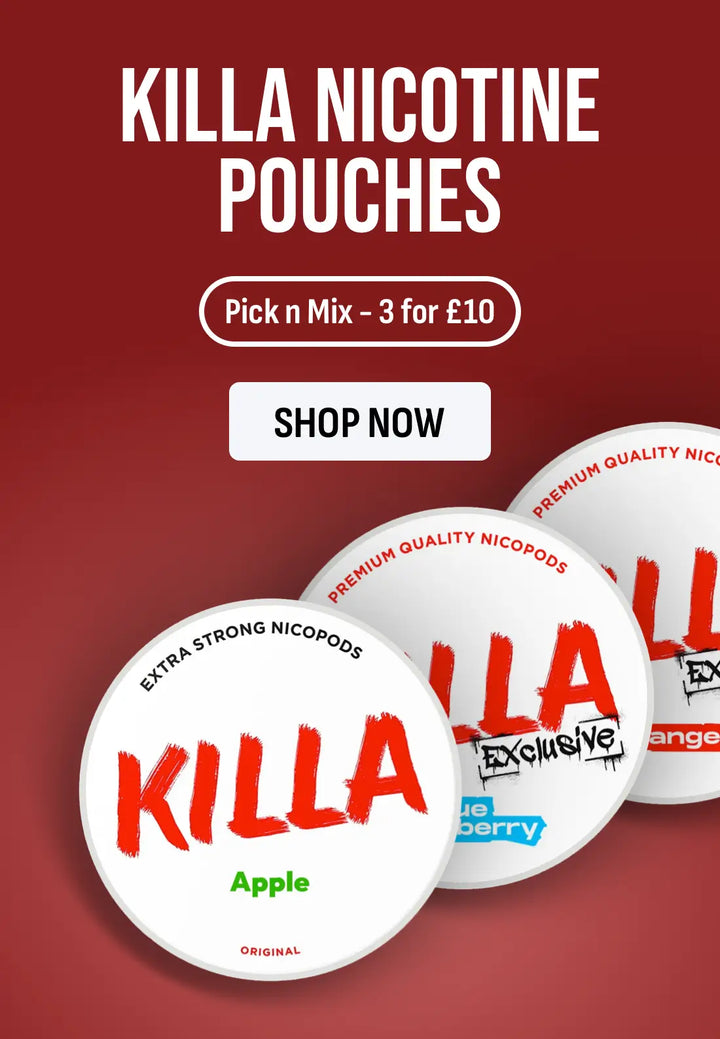 Promotional graphic for Killa Nicotine Pouches showing three round nicotine pods on a dark red background with text reading 'KILLA NICOTINE POUCHES,' 'Pick n Mix - 3 for £10,' and 'SHOP NOW.' Visible pod designs include Apple, Blueberry, and Orange variants.
