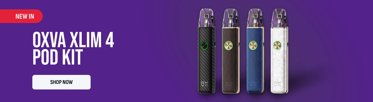 Promotional banner for the OXVA XLIM 4 POD KIT, featuring four vape pod devices in black, brown, blue, and white on a solid purple background with a 'SHOP NOW' button.