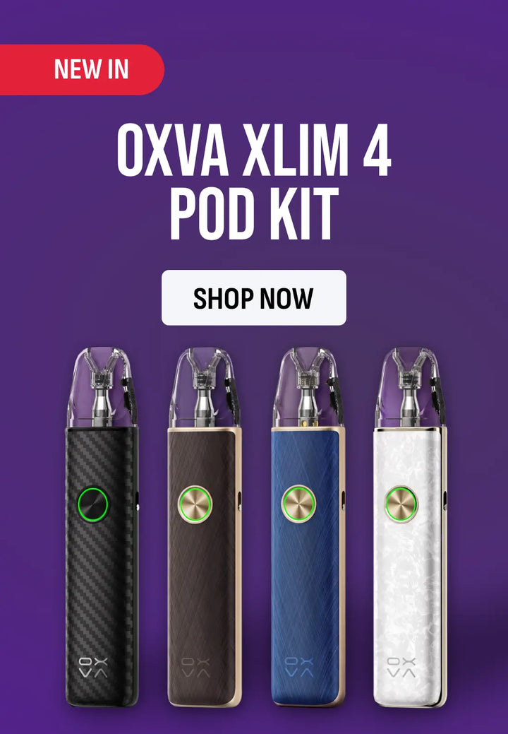 Promotional graphic for the OXVA Xlim 4 Pod Kit on a purple background, showing four vape pod devices in black carbon fiber, dark brown, blue, and silver, with a red 'NEW IN' banner and a white 'SHOP NOW' button.